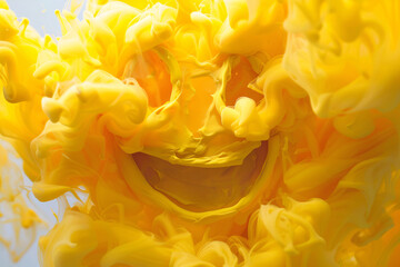 Funny positive smile face emoji made with yellow ink technique background.