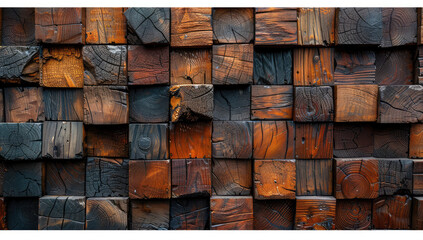  A wall of wooden blocks in various shades and shapes, creating an abstract pattern with a rustic feel. Created with Ai