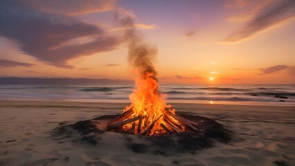 The sun settling over the peaceful sea and a fire on the beach. sunsets over the sea, on a beach with a fire pit, and in the backdrop, a bonfire at the beach with a view of the setting sun


 - obrazy, fototapety, plakaty