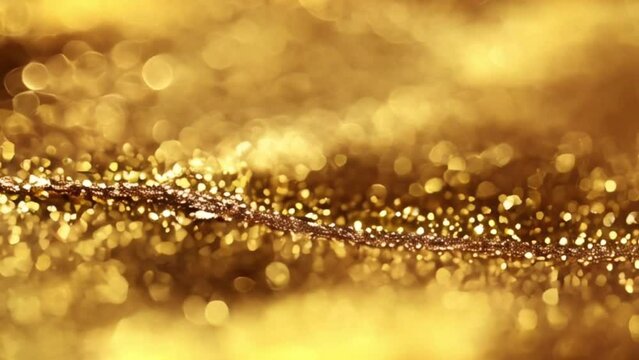 Shimmering gold particles and blurred lights creating festive abstract texture. Golden background. Slow motion. 