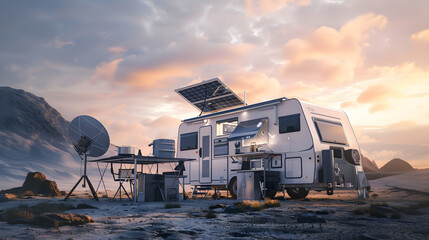 Essential Gadgets for Modern RV Travel: Solar Power, Internet Connectivity, Entertainment, and Kitchen Utilities - obrazy, fototapety, plakaty