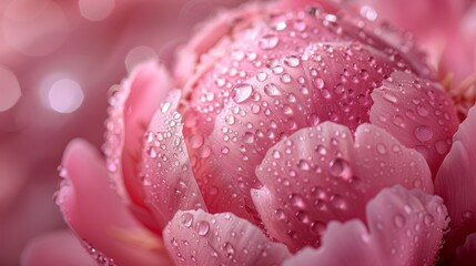   A tight shot of a pink blossom dotted with dew-kissed water droplets, against a backdrop of twinkling lights