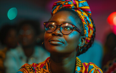 A woman with glasses and a colorful head scarf is looking at the camera. She is focused and attentive