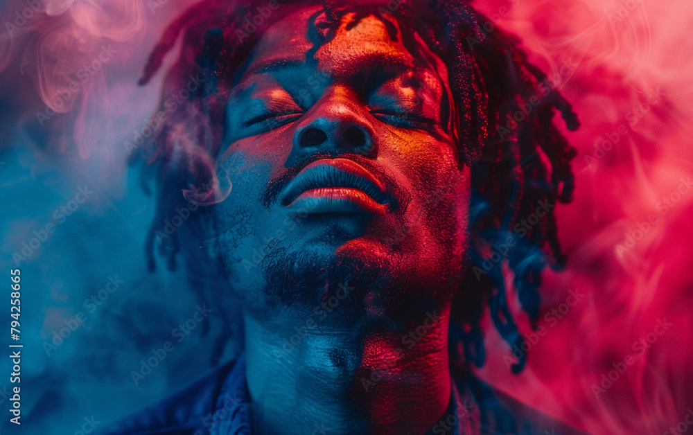 Poster a man with dreadlocks is shown with a red and blue background. he is smoking a cigarette and he is i