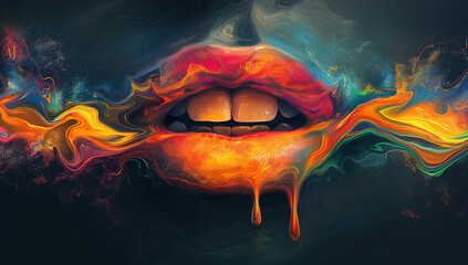 juicy female lips covered with rainbow colored lipstick, wet paint, makeup. 3d ilustration, lips rainbow painted in black background for shirt art vector illustration
