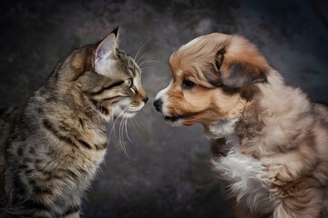 A heartwarming image of a tabby cat and fluffy puppy bonding together