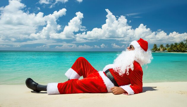 Santa Claus relaxing at sunny beach, cristal blue water, blue sky with white clouds