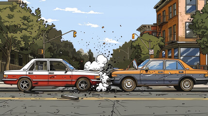 Two colorful cartoon cars collide on a bustling city street, creating a chaotic and humorous scene with buildings and pedestrians in the background.