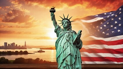 statue of liberty city with American flag 