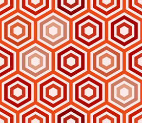 Hexagon geometric shapes background. Orange color tones gradients. Plain hexagon frames. Large hexagons. Seamless pattern. Tileable vector illustration.