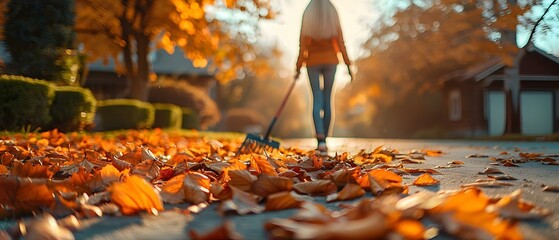 Woman using a rake to collect fallen leaves in a yard. Concept Gardening, Autumn, Yardwork, Outdoor Activities, Seasonal Cleanup