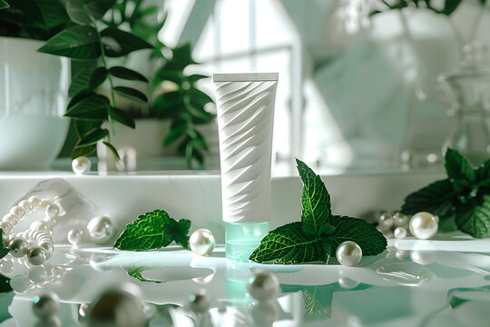 Pr&eacute;sentation marketing d'un tube de cr&egrave;me, avec menthe et perles