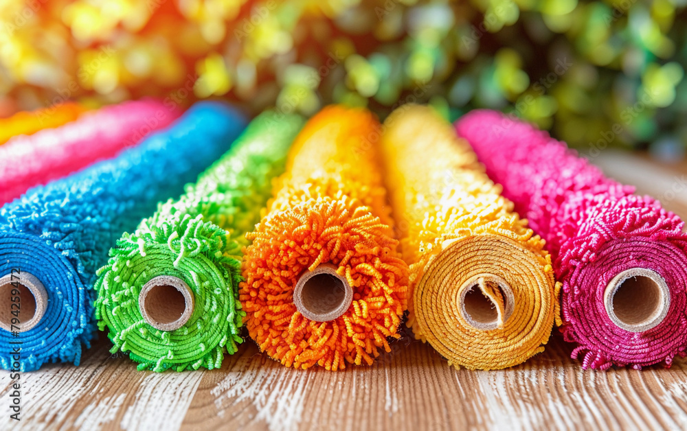 Aufkleber a row of colorful rolls of carpet are displayed on a wooden table. the rolls are of different colors