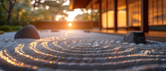 Traditional Japanese Zen garden with warm lighting meticulously maintained with a rake. Concept Japanese Zen Garden, Warm Lighting, Meticulously Maintained, Rake, Tranquil Atmosphere