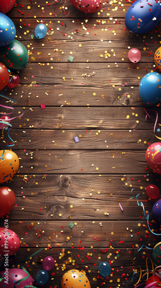 Poster a wooden background with a bunch of colorful balloons scattered around it. the balloons are of diffe