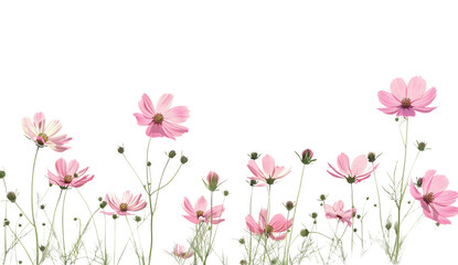 Pink flower border with cosmos field isolated on a white background