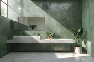 Contemporary modern bathroom interior in dark green colors and concrete elements.