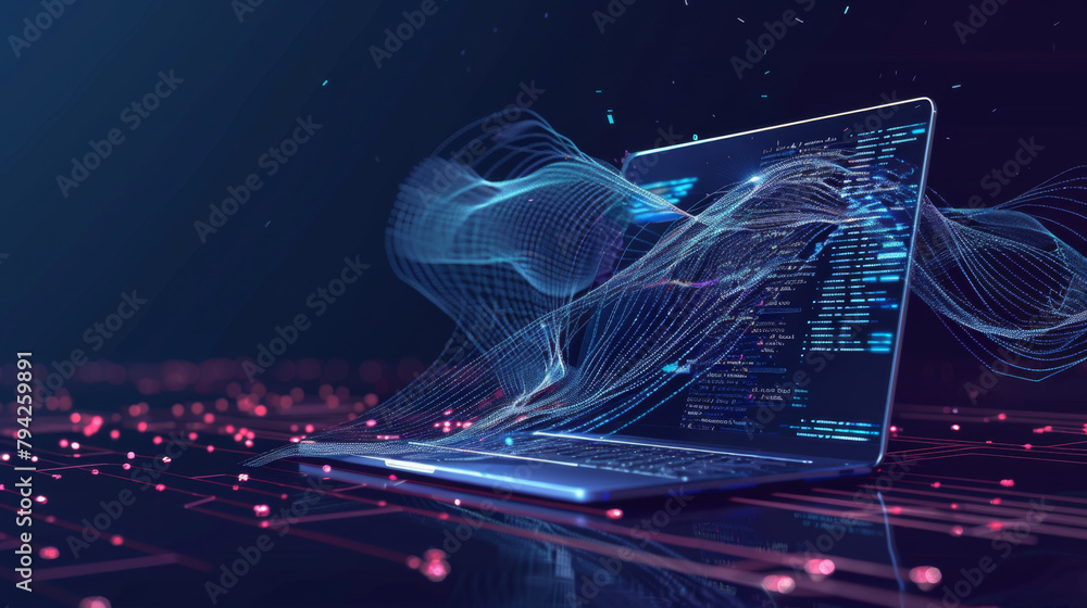 Aufkleber Powerful gust of wind symbolized by dynamic, swirling lines enveloping an open laptop that displays lines of open-source code on the screen