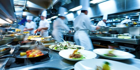 Professional chefs in white uniforms are intensely preparing and plating dishes in the fast-paced environment of a commercial restaurant kitchen. Resplendent.