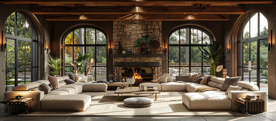 A modern rustic living room with large windows, concrete fireplace and long sofa in front of it, large wooden beams on the ceiling. Created with Ai