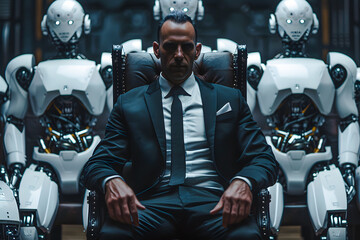 Homme d'affaires assis sur un fauteuil et gardé par des gardes du corps robots - obrazy, fototapety, plakaty