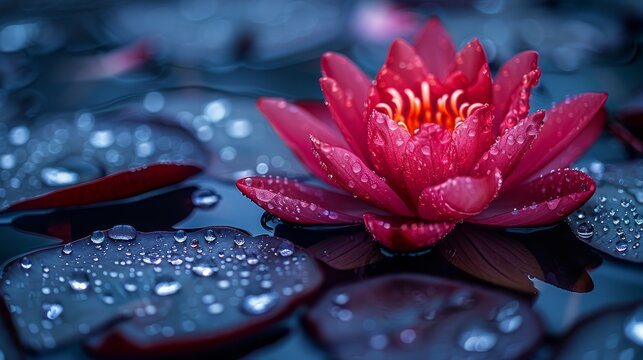   A red flower's petals filled frame, hovering above mirror-like water Water droplets nestled at its base