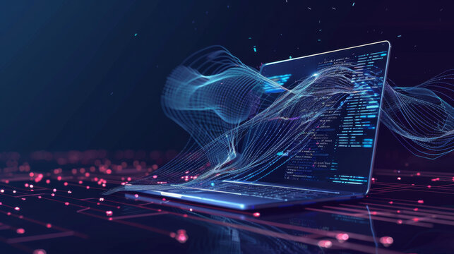 Powerful gust of wind symbolized by dynamic, swirling lines enveloping an open laptop that displays lines of open-source code on the screen