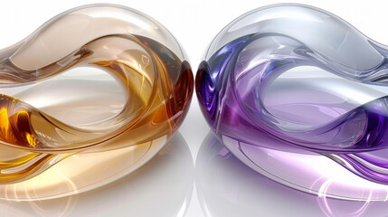 Two glass spheres, one orange and one purple, are shown in a mirror. The spheres are arranged in a way that they appear to be connected, as if they are part of a larger whole