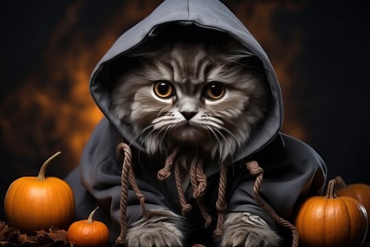 The cat is sitting between small pumpkins wearing a jacket with a hood.