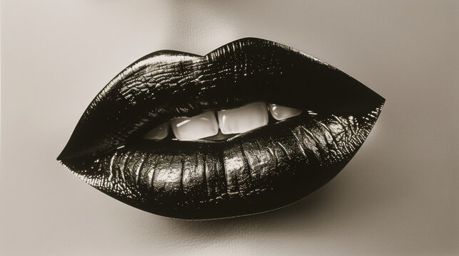 A black and white photo of a woman's lips with a silver background. The photo has a moody and dramatic feel to it, as the lips are painted in a bold