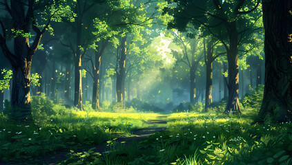 A serene and peaceful green forest, perfect for relaxation and enjoying nature. - obrazy, fototapety, plakaty
