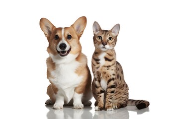 A cute Corgi and a Bengal cat sitting together, showcasing charming interspecies bond
