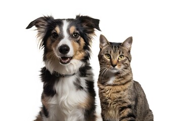 Border Collie mix and tabby cat posed together, contrasting coats, focused expressions