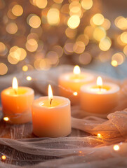 romantic burning candles wrapped in chiffon white fabric against a background of fiery lights, atmospheric, luxury painting for modern interiors, holiday banner