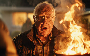 A man is standing in front of a fire, with a woman behind him. The man is wearing a jacket and glasses, and he is surprised by the fire - Powered by Adobe