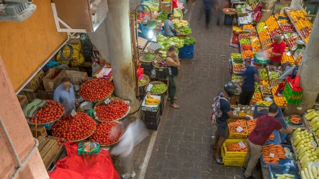 Time lapse of people and stalls inside Central Market in Port Louis, Port Louis, Mauritius, Indian Ocean, Africa