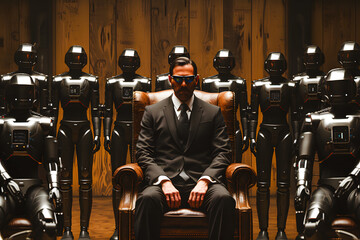 Homme d'affaires assis sur un fauteuil et gardé par des gardes du corps robots - obrazy, fototapety, plakaty