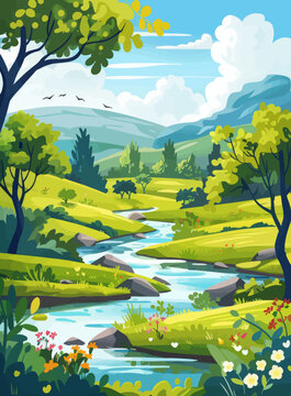 a painting of a river running through a lush green forest