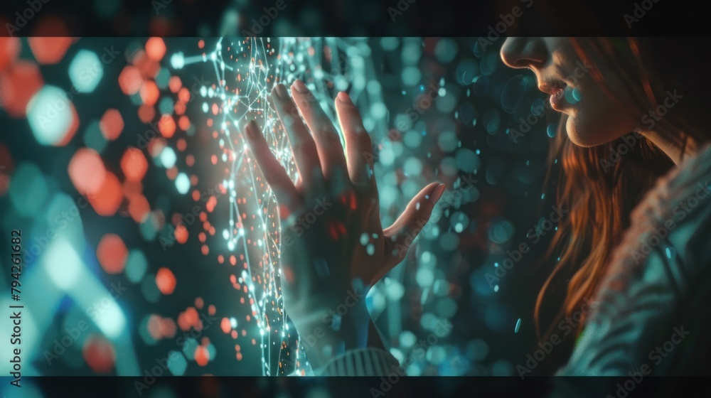 Aufkleber closenup digital neural network. business woman hand touching introduction of artificial intelligenc
