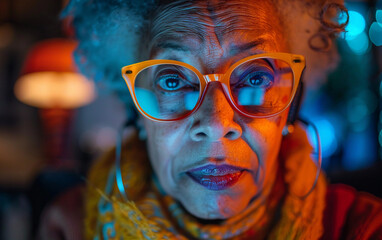 A woman with glasses and a scarf is looking at the camera. The image has a warm and inviting mood, as the woman's smile and the colorful scarf create a sense of comfort and friendliness
