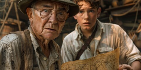 An elderly man and a young boy deeply engrossed in studying a map together, possibly discussing a lesson or learning about geography.