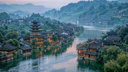 A serene town by a river