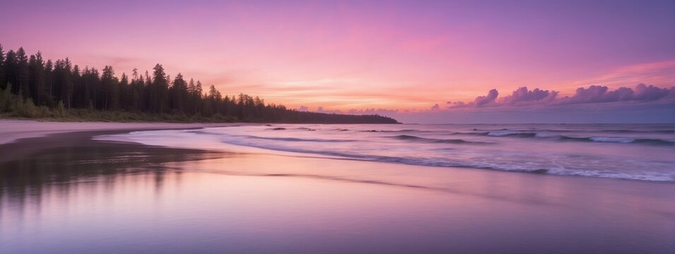 Expansive Photograph Revealing the Serene Beauty of a Pink and Purple Sunset.
