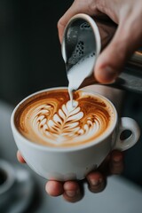   Person pours milk into a white cup with leaf design for cappuccino