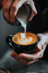   A person pours milk into a black cup holding a cappuccino, the saucer beneath steady