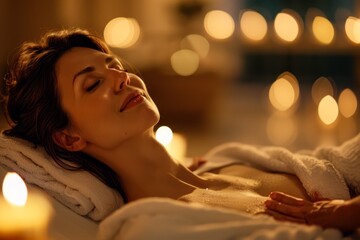   A woman reclines in a spa, candles flanking her face Candlelit room behind