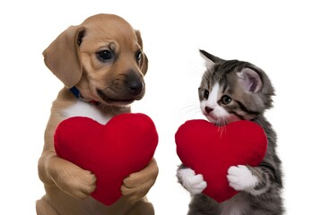 Heartwarming puppy and kitten cuddle with plush hearts in adorable photo shoot