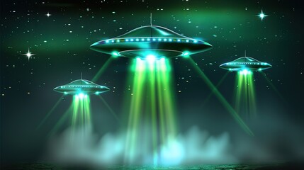 Mysterious UFOs descending with bright lights in the night sky: digital art illustration of an alien encounter
