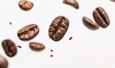  A group of coffee beans descending from a coffee cup rim to its base against a white backdrop