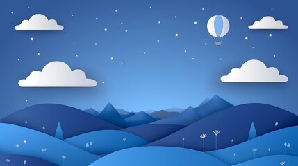   A hot air balloon paper cutout floats against a night sky backdrop of mountain ranges, stars, and clouds